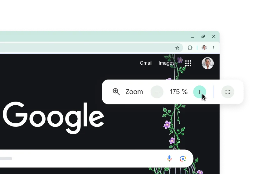 La page d'accueil Google avec des éléments agrandis et un pop-up avec le zoom défini sur 175 %.
