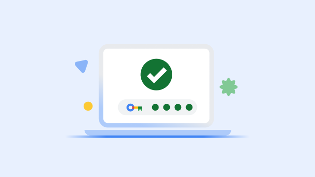 Écran d'ordinateur portable affichant une grande coche verte et la barre de progression pleine d'une clé de sécurité.